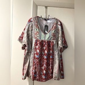 Noracora floral vneck Boho shirt sleeve Cotten blend blouse size XL NWT